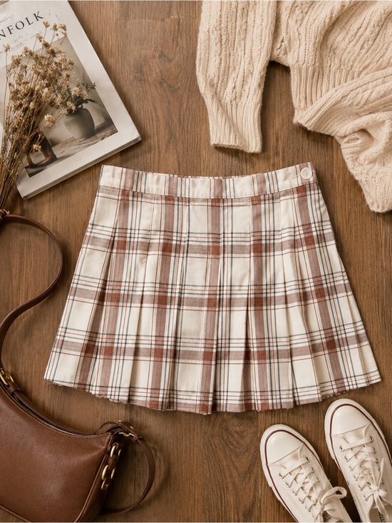 aerie Dresses & Skirts - aerie Cream & Brown Plaid Pleated Mini Skirt